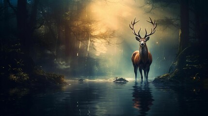 Wall Mural - Majestic stag standing partially submerged in a body of water, AI-generated.