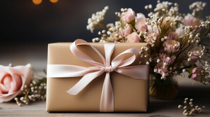 Sticker - Wedding gift with a pink bow next to flowers, AI-generated.