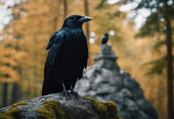 Poster - AI generated illustration of a black crow perched on a stone in a forest