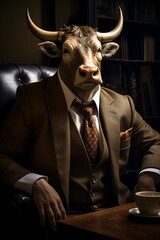 Poster - AI generated illustration of A bull in a  suit with a dark background