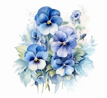 AI Generated Illustration Of A Watercolor Of A Bouquet Of Fresh Blue Pansies