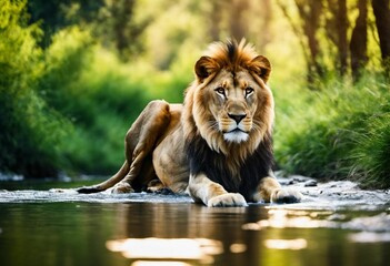 Sticker - AI generated illustration of an imposing male lion sitting regally in a body of water