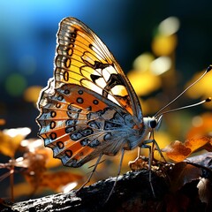 Sticker - AI generated illustration of a vibrant orange and black butterfly perched atop autumn leaves