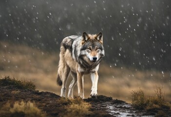 Sticker - AI generated illustration of a gray wolf in a barren landscape in the rain