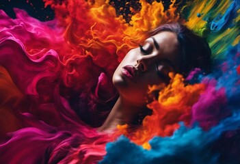 Sticker - AI generated illustration of a woman with closed eyes among vibrant colorful splashes of paint