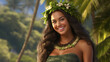 Smiling young Hawaiian woman with long hair outdoors on a hot summer day