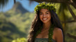 Smiling young Hawaiian woman with long hair outdoors on a hot summer day