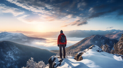 Wall Mural - A person takes a moment to admire the view from a mountaintop after a rewarding winter hike, capturing the beauty of the snowy landscape. ai generative