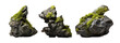 mossy rocks, collection of overgrown black rocks, volcanic rocks, isolated, png file