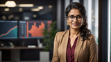 Fototapeta  - Bellissima donna di 50 anni di origini indiane in ufficio con vestito elegante