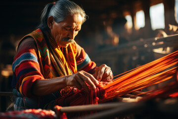 Canvas Print - A weaver in a Guatemalan village, crafting intricate textiles on a traditional loom. Generative Ai.