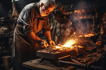 Canvas Print - A skilled blacksmith forging a piece of metal with fire and hammer, shaping raw material into art. Generative Ai.