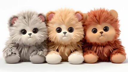 cutout set of 3 stuffed animal toys isolated on solid background 