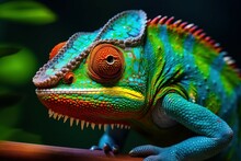 Captivating Green Chameleon Closeup Digital. Garden Pet. Generate Ai