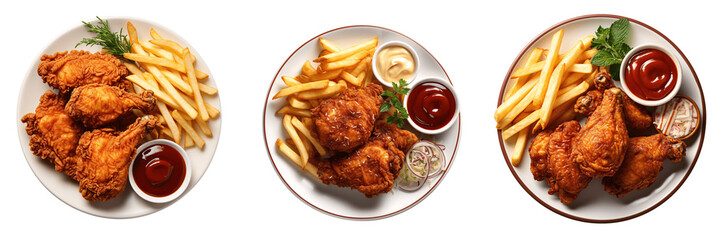 a set of fried chicken with fries and sauces on a plate isolated on a transparent background, top view