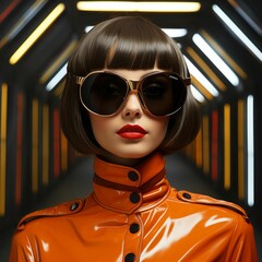 Poster - AI generated illustration of an attractive female wearing sunglasses with a bright background