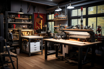 Poster - A maker's space for DIY enthusiasts, equipped with 3D printers, woodworking tools, and more. Generative Ai.