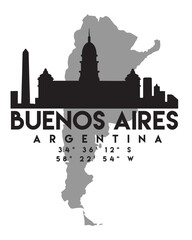 Sticker - Vector illustration of the Buenos Aires city skyline silhouette on the map with coordinates