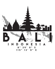 Canvas Print - Vector illustration of the Bali city skyline silhouette on the map with the coordinates