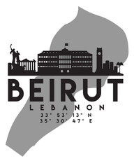 Sticker - Vector illustration of the Beirut city skyline silhouette on the map with the coordinates