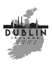 Vector illustration of the Dublin city skyline silhouette on a map with the coordinates