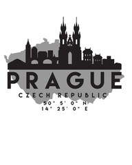 Wall Mural - Vector illustration of the Prague city skyline silhouette on a map with the coordinates