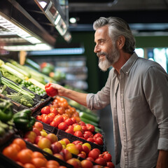 Mature man shopping for fresh produce in the vegetable market section of a supermarket