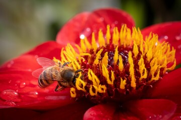 Sticker - Close-up of a honey bee atop a vibrant, red flower, surrounded by rain droplets