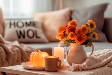 Wall Mural - Cozy living room interior in fall palette with autumn flowers and pumpkins decor