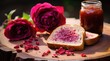 A piece of bread with jam and a rose