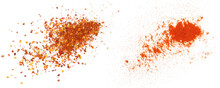 Crushed Red Cayenne Pepper, Dried Chili Flakes And Ground Minced Paprika Pile Isolated On White, Top View