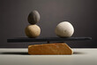 © ADDICTIVE STOCK - Generative AI image of pebbles balancing on black wooden plank on round stone with shade and placed on rock on white surface against gray wall in day