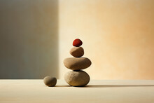 Generative AI Image Of Decoration Of Smooth Pebbles Artwork Balancing One On Another On Smooth Surface With Shadow In Room With Beige Wall In Daylight
