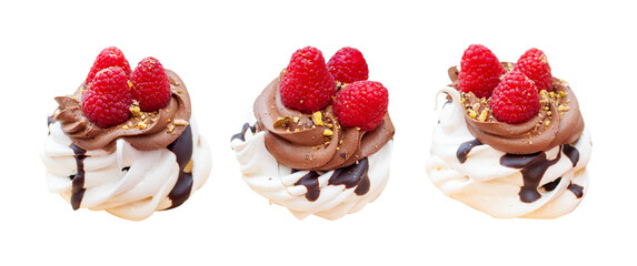 Wall Mural - Set of chocolate mini pavlova cakes with whipped cream decorated with fresh raspberries, isolated on white background, png.
