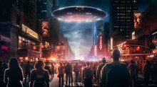 Generative AI Image Of Back View Of Anonymous Crowd Standing On Street Of Town With Skyscrapers Against Flying Glowing UFO Cloudy Blue Sky In Night