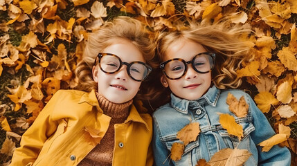 Top view of two little girls in glasses and denim jackets lying on yellow fallen maple leaves.