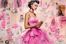 Generative AI Illustration Side View Of Painting Woman With Pink Dress Designer Vintage Abstract Of Standing In A Studio