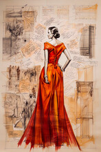Generative AI Illustration Back View Of Painting Woman With Orange Dress Of Designer Vintage Abstract Of Standing In A Studio