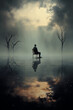 © ADDICTIVE STOCK - Generative Ai illustration of back view silhouette of unrecognizable thoughtful man sitting in chair alone in creepy foggy lake with leafless tress with cloudy sky