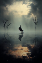 Generative Ai Illustration Of Back View Silhouette Of Unrecognizable Thoughtful Man Sitting In Chair Alone In Creepy Foggy Lake With Leafless Tress With Cloudy Sky