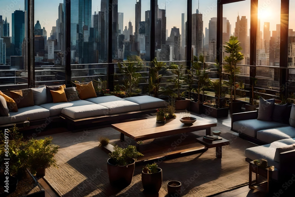 The urban tranquility of a loft apartment's rooftop oasis, with a Zen ...