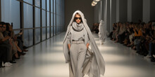 Model Woman In Coat Walking In Catwalk Fashion Show
