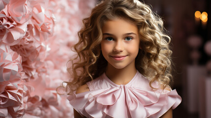 Poster - portrait of a happy little girl with curly hair in a red dress. a child in a festive dress.