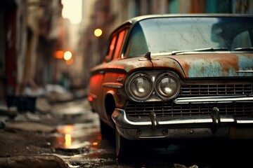 Wall Mural - Old car closeup race. Automotive lamp. Generate Ai