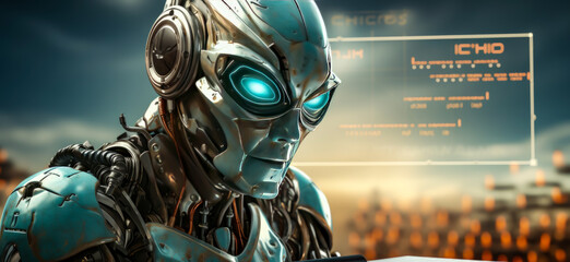 Wall Mural - close-up of an advanced metal robot, with statistics table in background