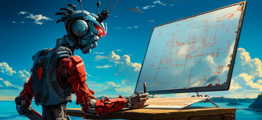 Wall Mural - a robot illustration is pointing and is in front of a blackboard