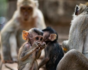 Sticker - Selective focus shot of monkey family at the zoo