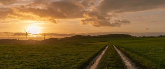 Sticker - Breathtaking sunset setting behind a row of windmills against a vibrant sky in Germany