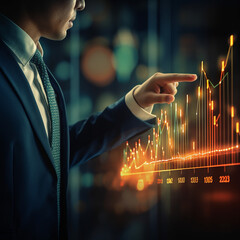 Corporate Sale Graph, executive pointing at a graph numbers and sales figures