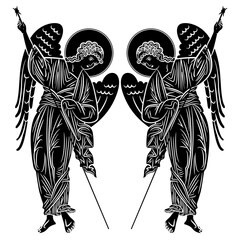 Wall Mural - Symmetrical design with two winged medieval angels with spears. Russian Orthodox Christian design. Isolated vector illustration. Black and white negative silhouette.